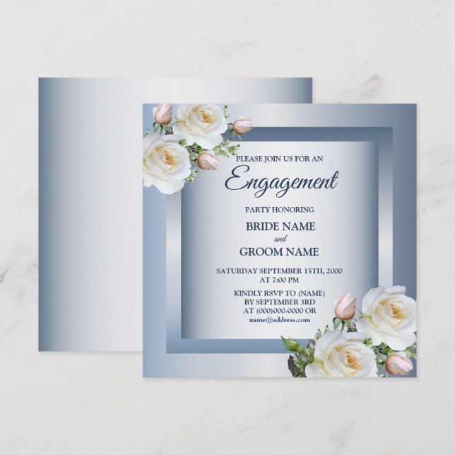 Invitation Élégante Fleur Blanche Mariage Fête Bleu Gris (Devant / Derrière)