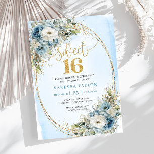 Invitation Élégante Fleur Bleue Poussiéreuse Or Douze Ans 16è