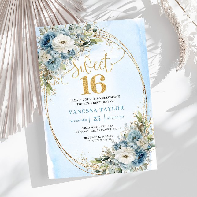 Invitation Élégante Fleur Bleue Poussiéreuse Or Douze Ans 16è (Elegant Dusty Blue Floral Gold Sweet Sixteen Invitation)