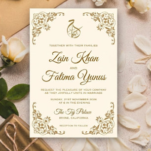 Invitation Élégante Fleur Crème et Or Islam Mariage Musulman