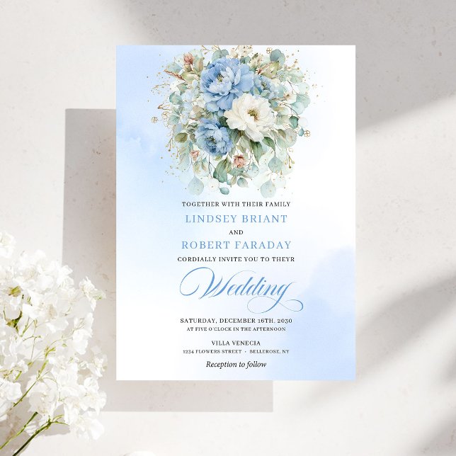 Invitation Élégante Fleur de Bleu Poussiéreux pour Mariage Nu (Sophisticated Dusty Blue Floral Digital Wedding Invitation)