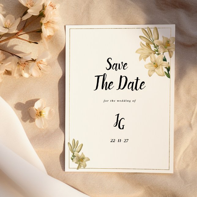 Invitation Élégante fleur de lys blanc vert or Enregistrer la (Elegant gold green white lily flower Save The Date)