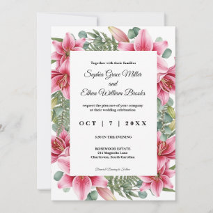 Invitation Élégante Fleur de Lys Rose Fleurie Eucalyptus Mari