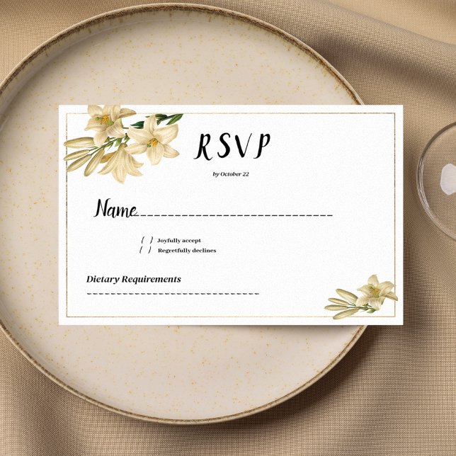 Invitation Elégante fleur de lys verte blanche or RSVP (Elegant gold green white lily flower RSVP)
