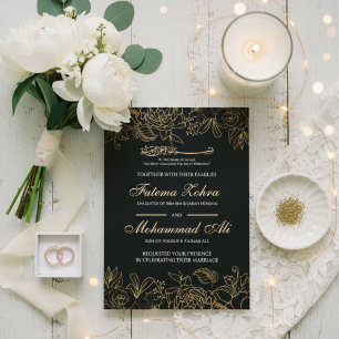 Invitation Élégante Fleur de Mariage Musulman Nikah Noir Or