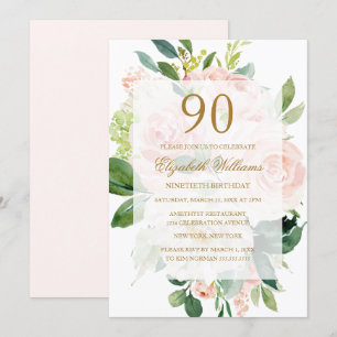 Invitation Elégante fleur de pêche douce 90e anniversaire