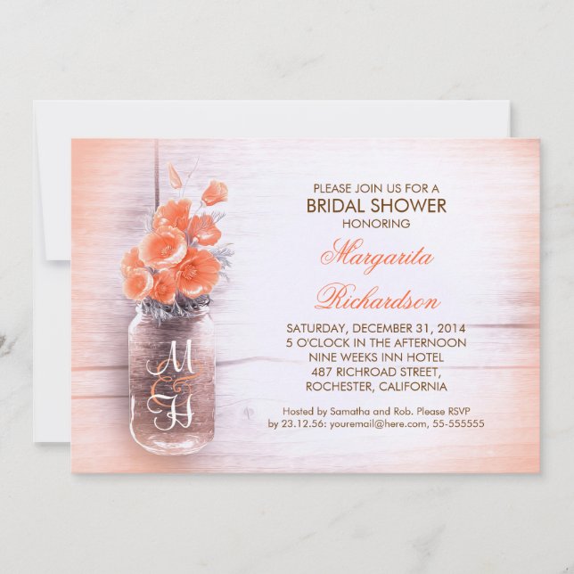 Invitation élégante fleur de pêche mason jarre douche nuptial (Devant)