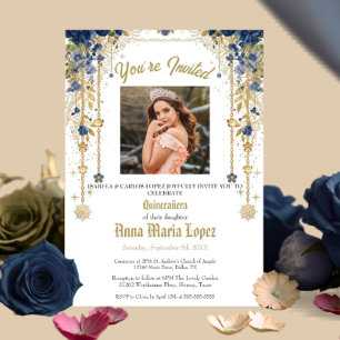 Invitation Élégante Fleur de Photo Mis Quince Quinceañera en