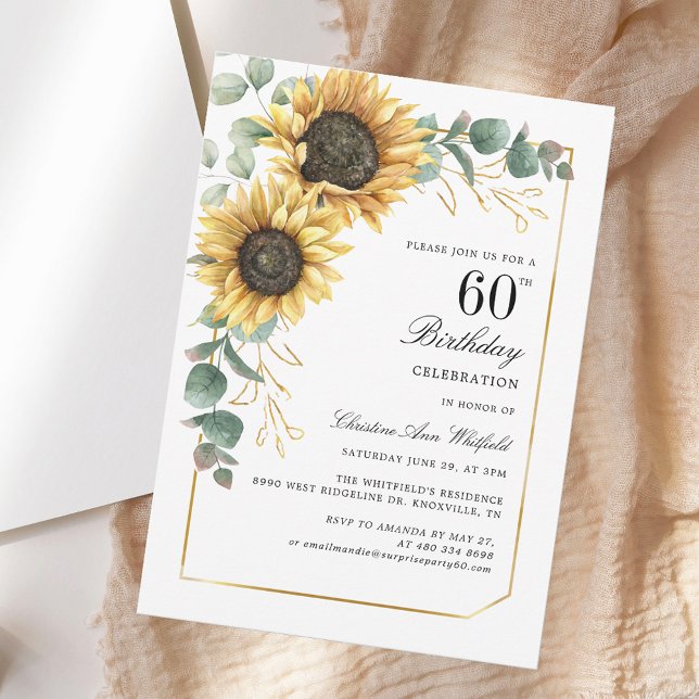 Invitation Elégante Fleur de Soleil Florale 60e fête d'annive (Elegant Floral Sunflower 60th Birthday Party Invitation)