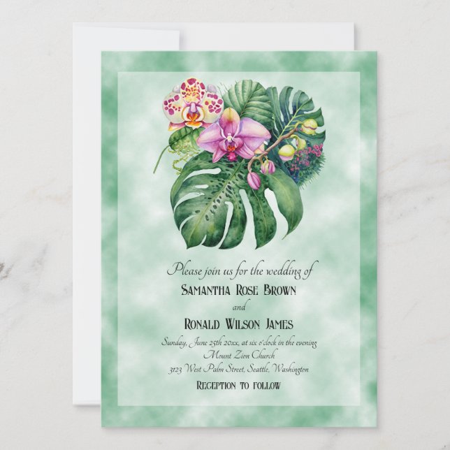 Invitation Elégante fleur d'orchidées sur Arrière - plan vert (Devant)