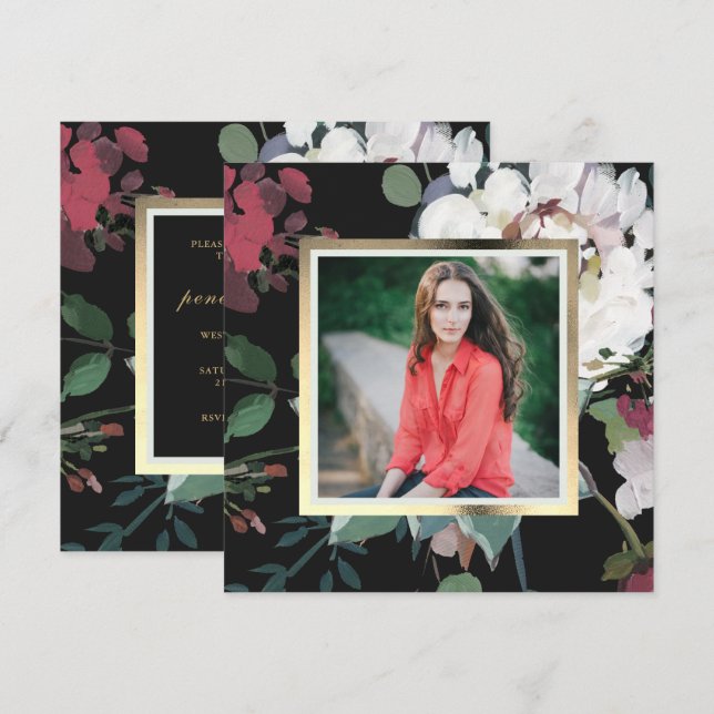 Invitation Élégante Fleur foncée fête de graduation Photo (Devant / Derrière)