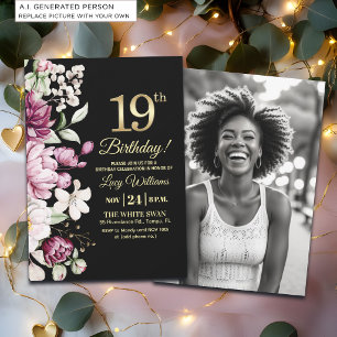 Invitation Élégante Fleur Or 19 Anniversaire Photo