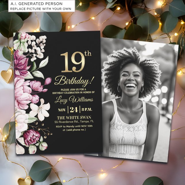 Invitation Élégante Fleur Or 19 Anniversaire Photo (Créateur téléchargé)