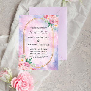 Invitation Élégante Fleur Or Violet Aquarelle Notre Mariage