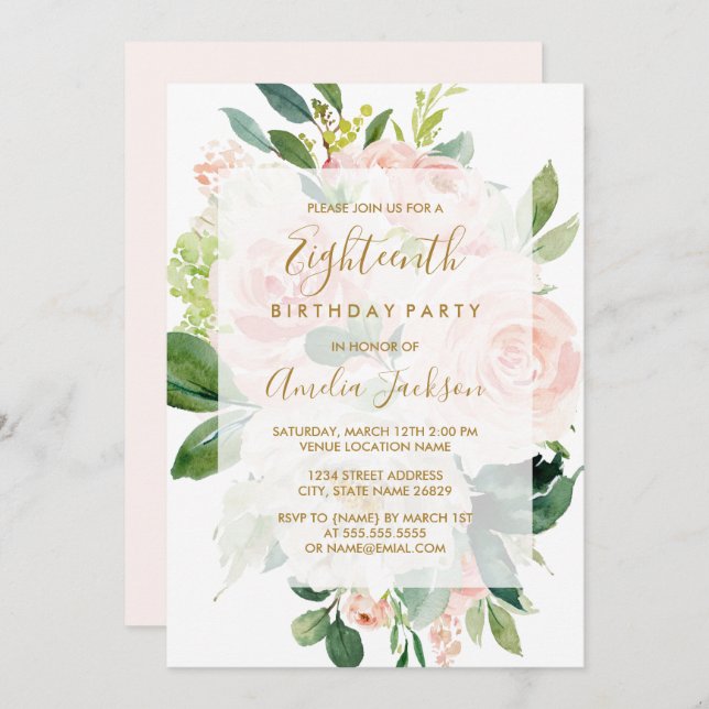 Invitation Élégante Fleur rose 18e fête d'anniversaire (Devant / Derrière)