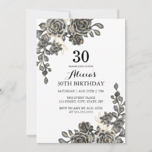 Invitation Elégante Fleur Rose Noir & Or Anniversaire