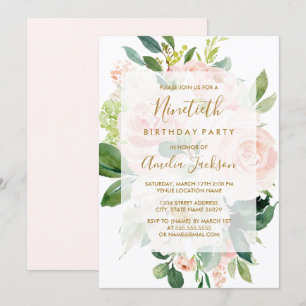 Invitation Élégante Fleur rose Peach 90th Birthday Party