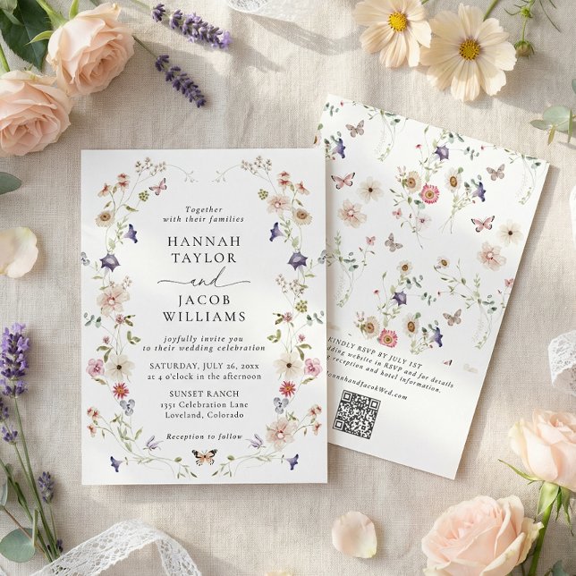 Invitation Élégante Fleur Sauvage Florale Code QR Mariage (Créateur téléchargé)