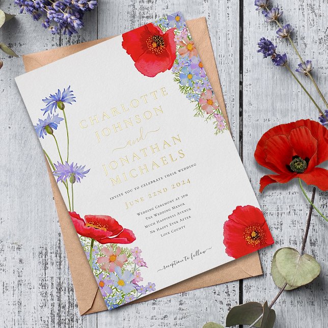 Invitation Elégante Fleur sauvage Gold Foil (Colorful wildflowers with red poppy gold foil typography wedding invitation )