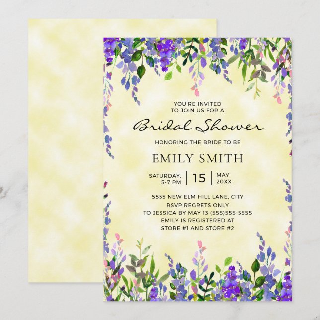 Invitation Élégante Fleur Violette Jaune pour une Mariée (Devant / Derrière)