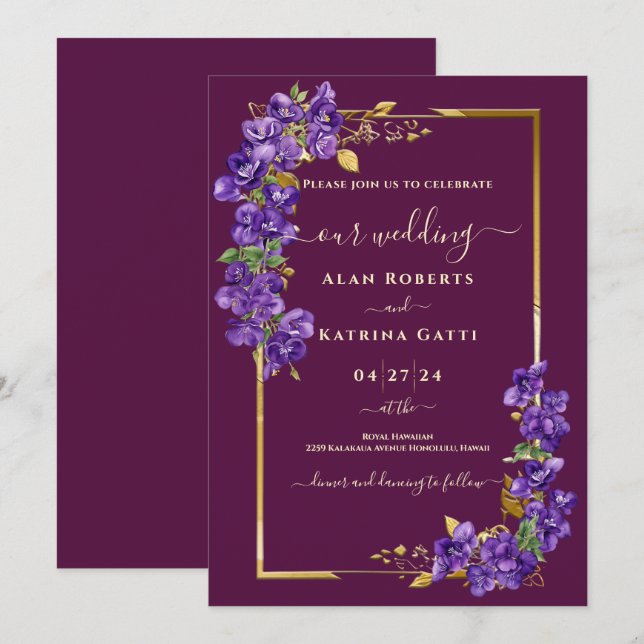 Invitation Élégante Fleurie Violet Bourgogne (Devant / Derrière)
