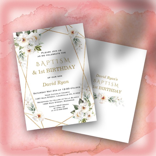Invitation Elégante Fleurs blanches Baptême d'or 1er annivers (white desert roses baptism, 1st birthday baptism, trendy modern elegant baptism invitation, gold )