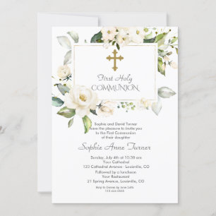 Invitation Elégante Fleurs blanches Gold Girl Holy Communion
