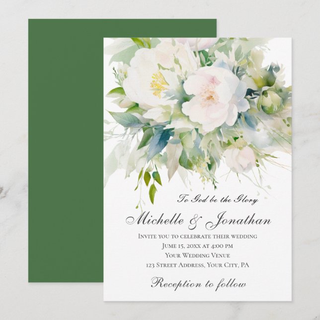 Invitation Elégante Fleurs blanches Verdure Mariage chrétien (Devant / Derrière)