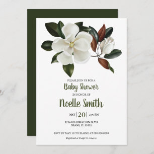Invitation Elégante Fleurs de Magnolia Blanche, Baby shower