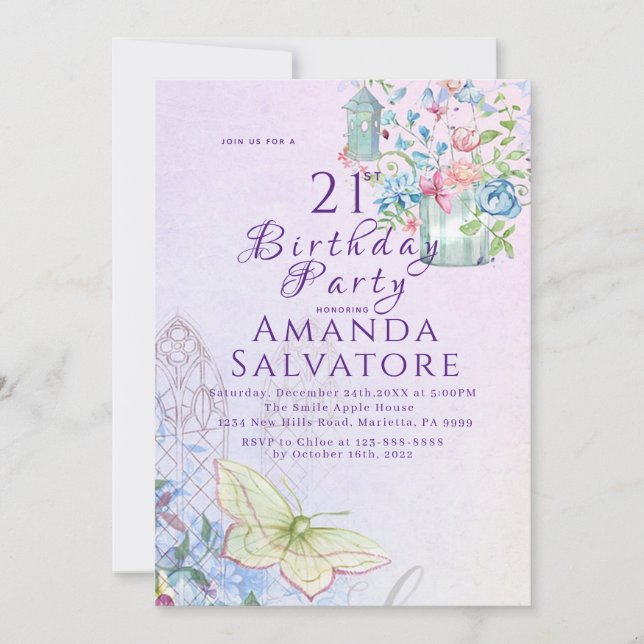 Invitation Élégante Fleurs de papillon romantique 21e anniver (Devant)