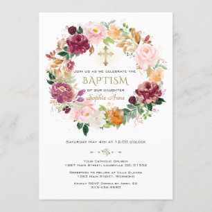 Invitation Élégante Fleurs de safran bordeaux Wreath Baptême