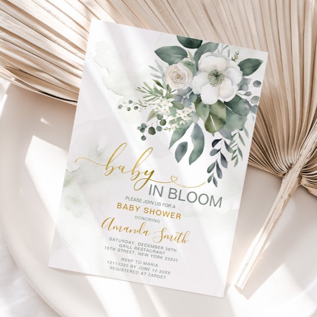 Invitation Elégante Fleurs De Verdure Blanche Bébé En Fleur (Créateur téléchargé)