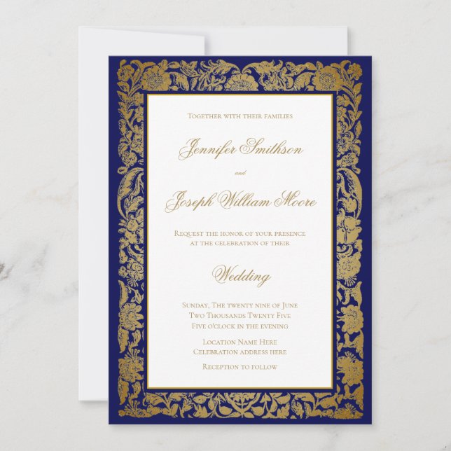 Invitation Elégante Fleurs d'or et Mariage bleu (Devant)