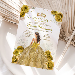 Invitation Elégante Fleurs d'or Princesse Robe Quinceañera