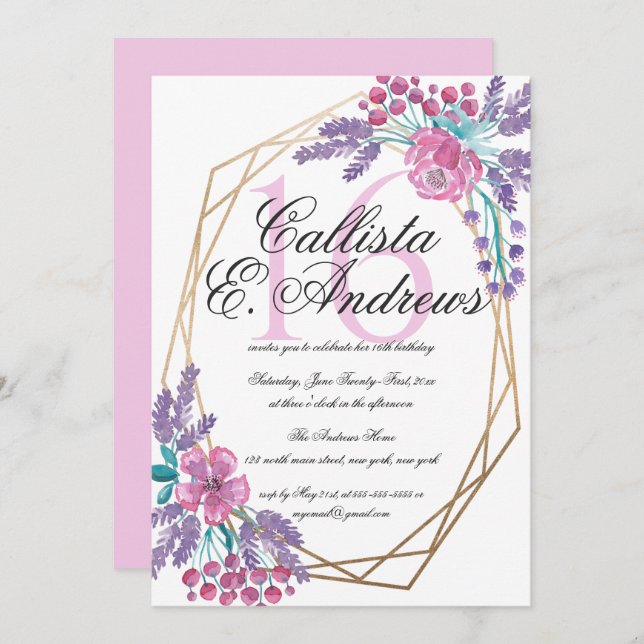 Invitation Elégante Fleurs Gold Terrarium Aquarelle Sweet 16 (Devant / Derrière)