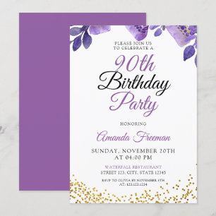 Invitation Elégante Fleurs pourpres 90e anniversaire