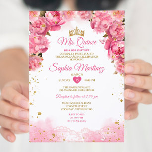 Invitation Elégante Fleurs rose vif Gold Girl Mis Quince