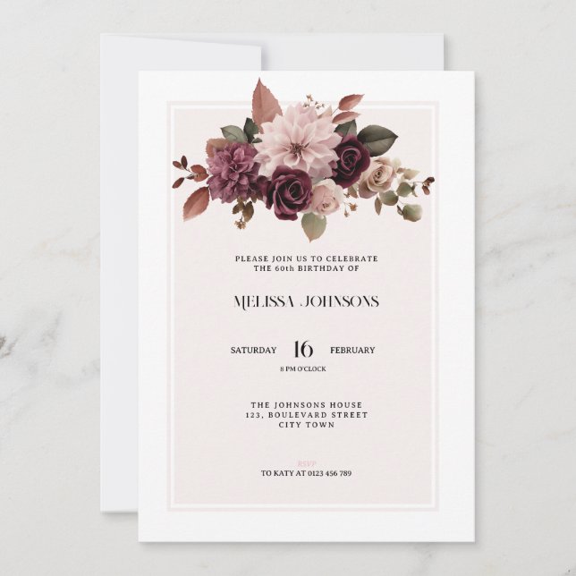 Invitation élégante fleurs roses pour 60e annivers (Devant)