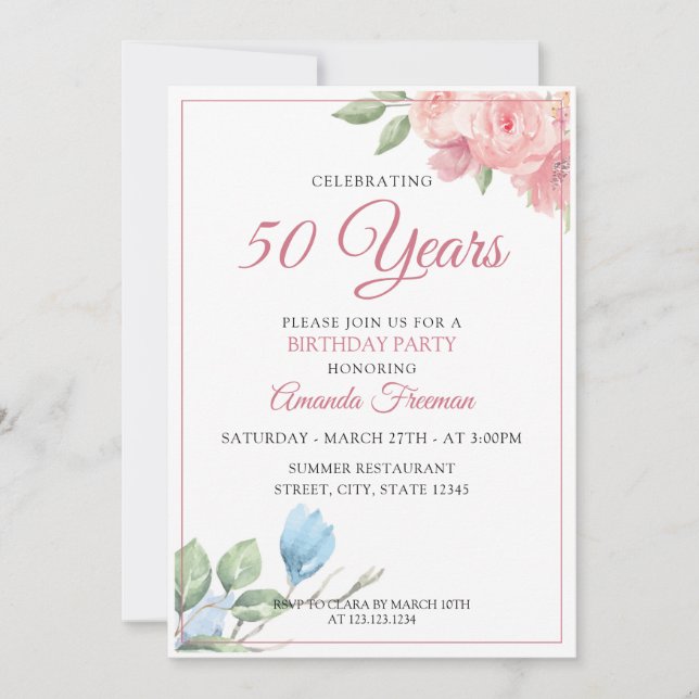 Invitation Elégante Fleurs rouges et bleues Mère Anniversaire (Devant)