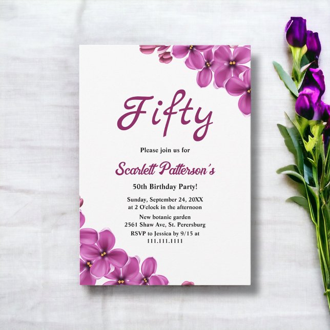 Invitation Élégante Fleurs Rustiques Violettes Florales 50e a (Créateur téléchargé)