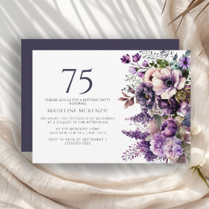 Invitation Élégante Fleurs violettes Adulte 75e anniversaire