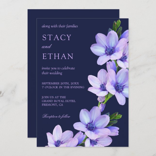 Invitation Elégante Fleurs violettes Mauve Floral Mariage Inv (Devant / Derrière)