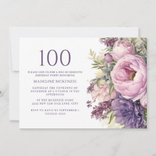 Invitation Élégante Fleurs violettes roses 100e anniversaire