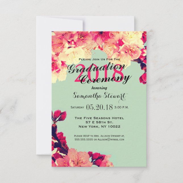 Invitation Élégante floraison de cerises sur Turquoise rustiq (Devant)