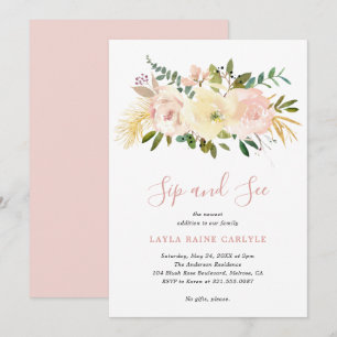 Invitation Élégante Floral Blush rose bébé fille Sip et voir