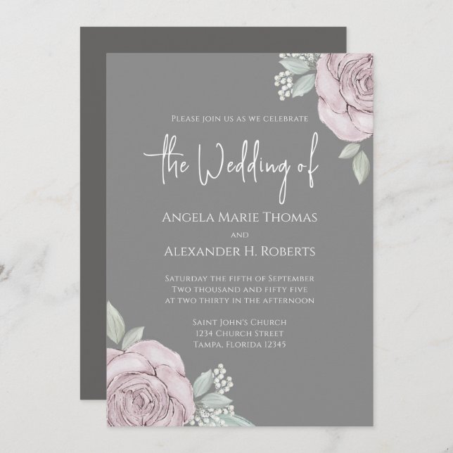 Invitation Elégante Floral Dusty Rose Classic Rose Fleurs (Devant / Derrière)