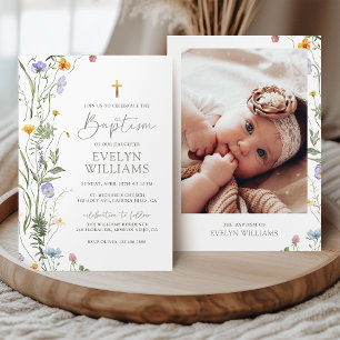 Invitation Élégante Floral Girl Baptism et Christening Photo