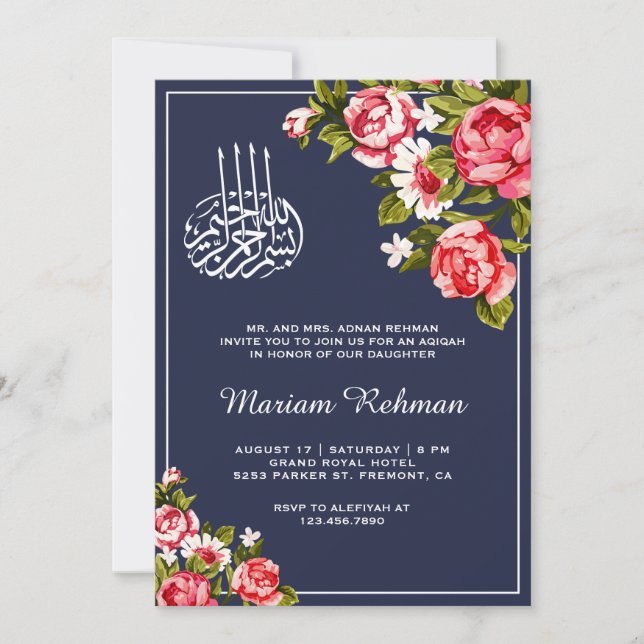 Invitation Élégante Floral Midnight Blue Baby Girl Aqiqah (Devant)
