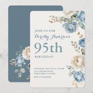 Invitation Elégante Florale Bleue 95ème BIrthday Party