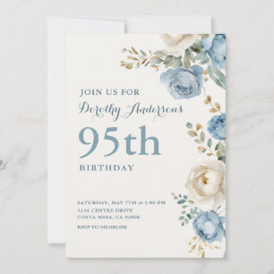 Invitation Elégante Florale Bleue 95ème BIrthday Party